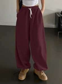 DAZY 女士抽绳腰部口袋宽松阔腿休闲运动裤 - 酒紅色 - 查看 5