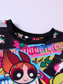 THE POWERPUFF GIRLS X SHEIN 女婴卡通酷炫“花朵、泡泡、毛茛”图案短袖上衣和紧身裤黑色 2 件套 - 彩色 - 查看 3