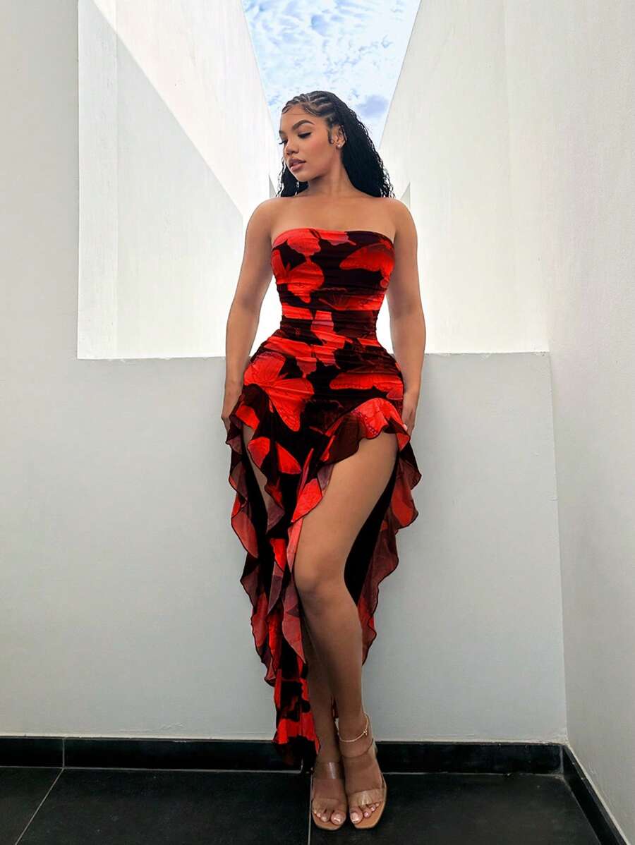 SHEIN SXY 夏季蝴蝶印花飘逸荷叶边开衩紧身连衣裙度假装女装 - 紅色 - 查看 1