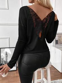 SHEIN Clasi Women's Contrast Lace Long Sleeve T-Shirt, Ribbed Tee For Spring Fall For Women - Black - View 2