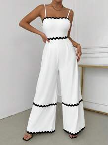 SHEIN SXY Sexy Elegant Casual Black & White Contrast Color Women's Sleeveless Long Wide Leg Jumpsuit, Autumn/Summer - Black and White - View 3