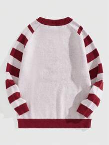 ROMWE MEN ROMWE Avant Men's Letter Graphic Round Neck Raglan Sleeve Striped And Heart Knit Sweater - Red - View 2