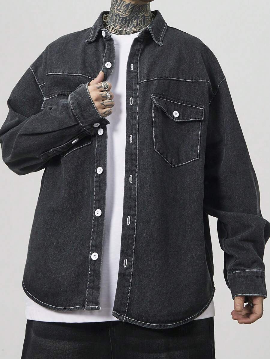 Manfinity EMRG Men's Washed Gray Denim Contrast Trim Loose Casual Raglan Baggy Shirt - Dark Grey - View 1