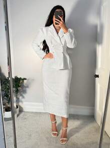 SHEIN SXY Bộ vest vest tay lỡ đệm thanh lịch và chân váy chữ A, Thu/Đông - trắng - Xem 6