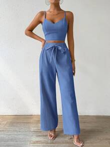 Breezaya Bộ đồ hai mảnh ngày lễ cho nữ Áo hai dây cúp ngực & Quần ống đứng lưng thun thắt nơ hở lưng - Màu xanh lam - Xem 3