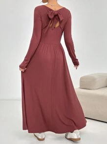 Modelyn Women's Solid Color Square Neck Long Sleeve Long Dress, Spring/Summer/Fall - Red - View 4