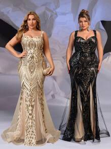 SHEIN Belle Plus Size Elegant Fish-Tail Type Formal Dress With Rose Red Off-Shoulder Ruffle Collar And Luxurious Bowknot - Hot Pink - View 8