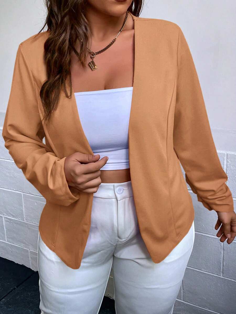 SHEIN Clasi Áo khoác tay dài màu trơn cỡ lớn tối giản, mặc thường ngày - Màu Khaki - Xem 1