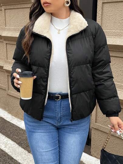 SHEIN Frenchy Plus Size Women's Short Padded Coat, For Winter Fall Autumn