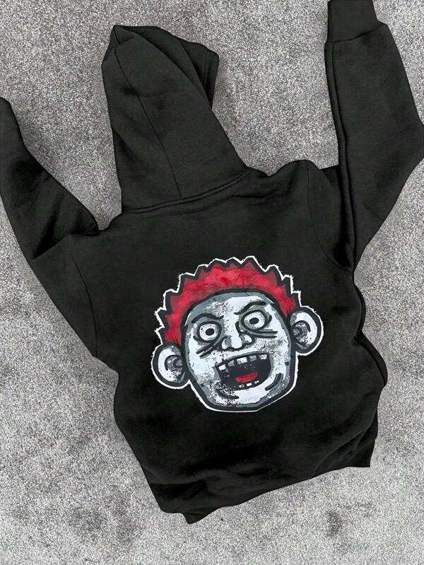 Manfinity Roghcode Sudadera con capucha holgada de manga larga con estampado de personaje de dibujos animados para hombres, versión casual diaria popular, divertida, para salir, fea, con gráficos, para amigos