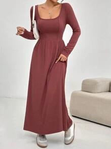 Modelyn Women's Solid Color Square Neck Long Sleeve Long Dress, Spring/Summer/Fall - Red - View 3
