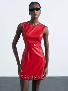 Maija PU Leather Eyelet Decor Sleeveless Round Neck Fashionable Red Short Dress For Women, Spring/Summer