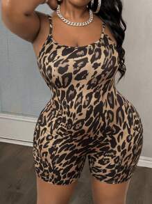 Slaydiva 大码女式无袖、圆领、豹纹、轻便、短款连体裤，适合休闲、日常和运动场合，春夏季