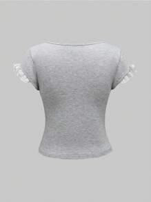 ROMWE Kawaii 女式方领撞色蕾丝 Himekaji 芭蕾风格撞色短袖 T 恤