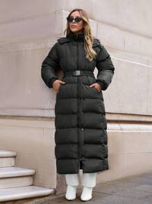 EURMUSE Women's Unique Quilted Warm Winter Elegant Puffer Long Down Coat - Black - View 3