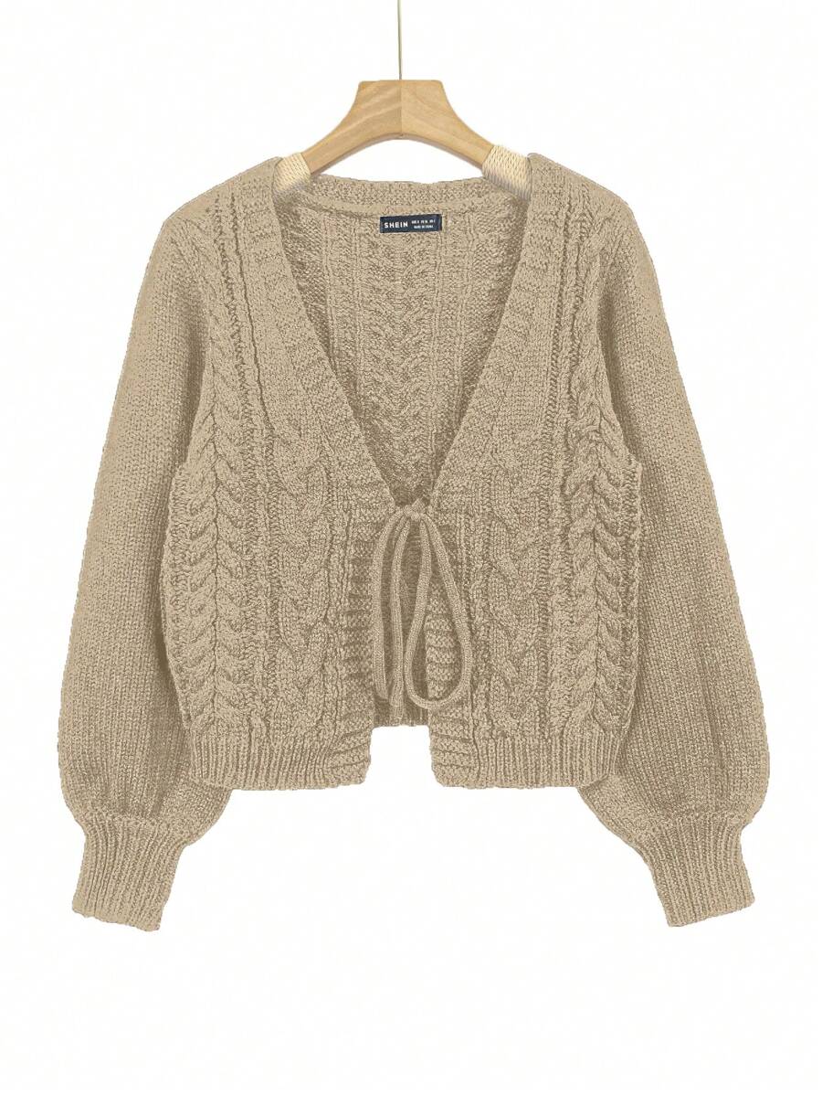 SHEIN Unity Women's Deep V-Neck Tied Long Sleeve Solid Color Minimalist Textured Cardigan,Long Sleeve Tops - Khaki - View 1