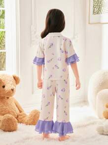 SHEIN 2 piezas Conjunto de pijama para niña joven con decoración de volantes en cuello, puños y dobladillo, estampado floral fresco - Morado - Ver 7