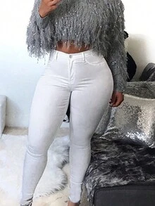 Women's Solid Color Front Button Multiple Pockets Casual Pants, Suitable For Daily Wear And Business - White - View 5