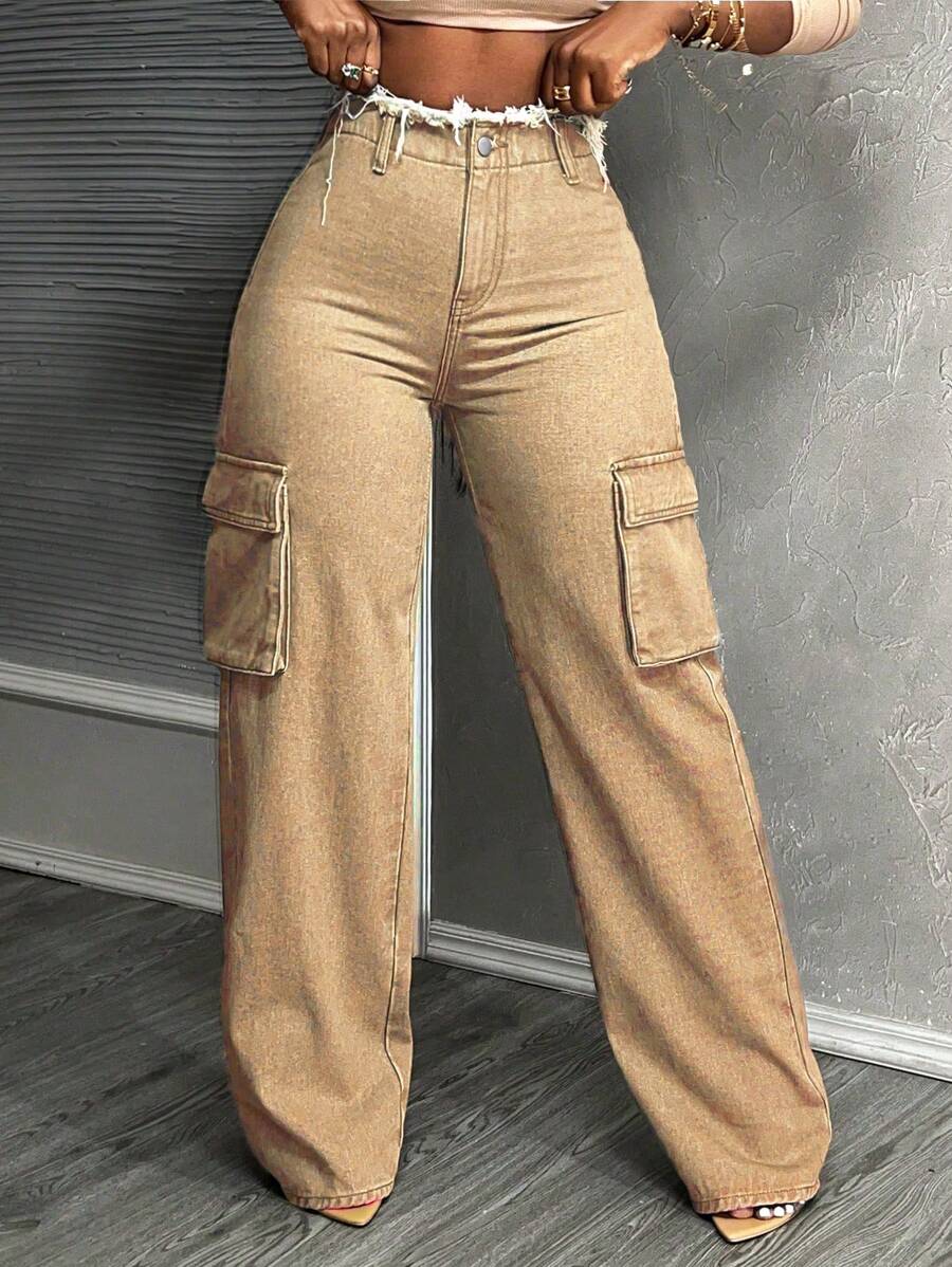 SHEIN Slayr 女士纯色简约日常中腰直筒牛仔裤 - 卡其色 - 查看 1