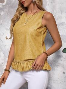 SHEIN LUNE 女式夏季无袖牛仔衬衫，后背带纽扣，下摆有褶边