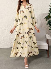 Al Najma 女士蝴蝶印花长袖阿拉伯连衣裙，朴素优雅的风格，适合日常休闲/旅游/度假/休假/聚会 - 彩色 - 查看 5