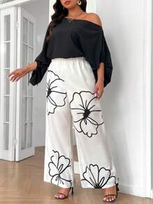 SHEIN Privé Plus Size Women's Elegant Black & White Color Block Shoulder Cutout Jumpsuit With Printed Pattern - Black and White - View 4