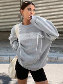 DAZY Women Casual Lace Patchwork Ribbon Decor Sweatshirt,Fall Clothes - Grey - View 4