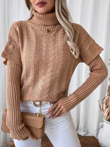 Chiquease Áo len nữ dài tay cổ cao, vai rớt, viền bèo nhún, kiểu áo chui đầu mùa thu đông. - Màu Khaki - Xem 3