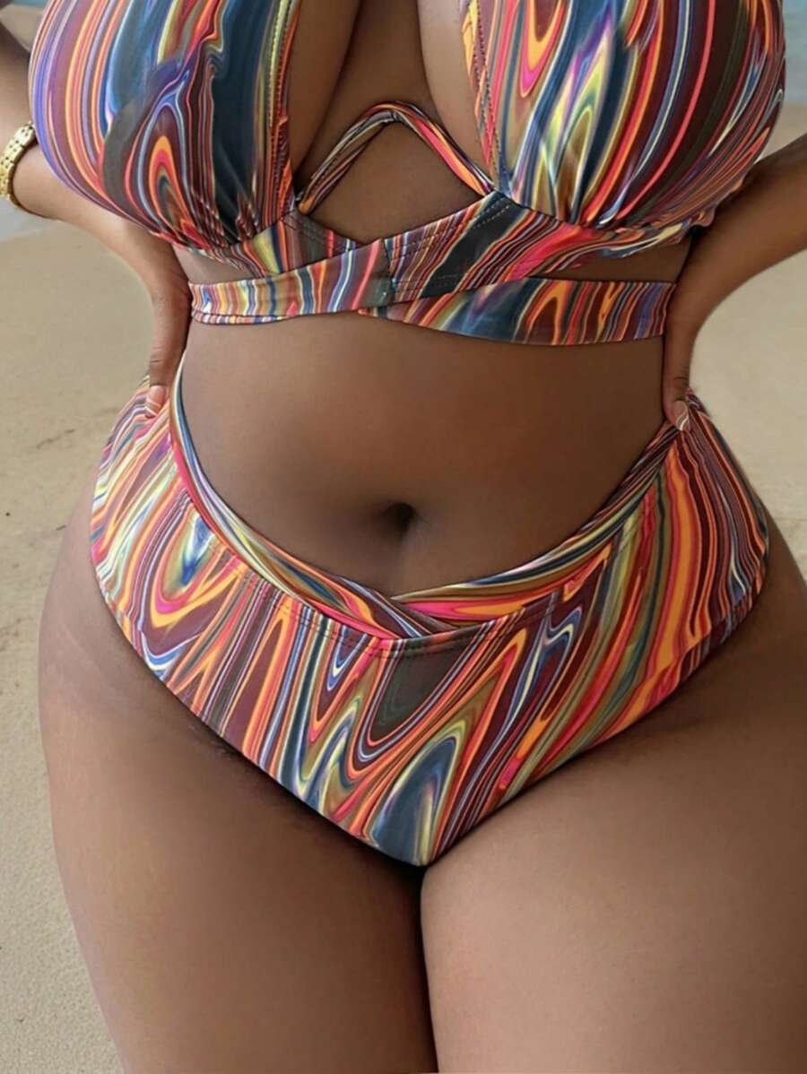 SHEIN Swim Curve 大碼滿版印花高腰泳衣下裝 - 彩色 - 查看 1