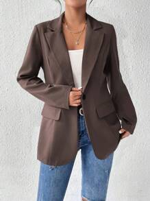 SHEIN PETITE Blazer de solapa de unicolor estilo francés