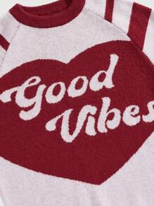 ROMWE MEN ROMWE Avant Men's Letter Graphic Round Neck Raglan Sleeve Striped And Heart Knit Sweater - Red - View 3