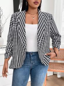 SHEIN LUNE Große Größen Herbstbekleidung Damen Frühling Herbst Hahnentrittmuster gerüschter 3/4 Ärmel eleganter Blazer Herbst Oberteile & Herbst Damenbekleidung Winterbekleidung Business Lässig Arbeits Blazer Business Blazer