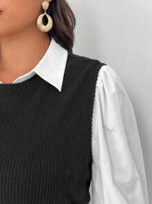 SHEIN Frenchy 2-Piece Set: Plus Size Women's Fall Solid Color Simple Casual Shirt With Vest,Homecoming