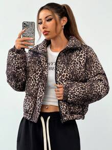 SHEIN EZwear Women's Fashionable Leopard Print Padded Coat, Winter - Multicolor - View 4