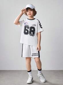 SHEIN Conjunto de 2 piezas para niño preadolescente con camiseta de manga corta con estampado gráfico holgada informal y pantalones cortos