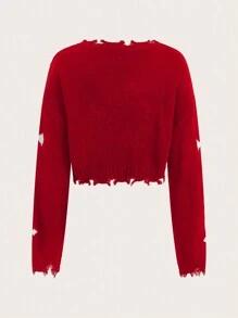 SHEIN EZwear 女式秋冬 V 领十字图案落肩长袖做旧宽松毛衣 - 紅色 - 查看 2