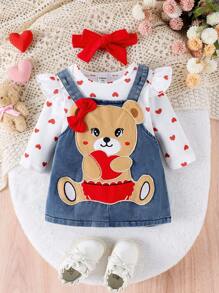 SHEIN Playful Pals Baby Girl Lovely Denim Bear Dress Set - Red - View 3