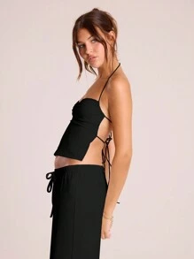 MUSERA 露背吊带褶皱胸前上衣，适合度假或秋季穿着