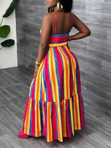 Slaydiva 度假优雅无袖镂空胸背镂空修身上衣宽松多层拼布彩色条纹图案连衣裙女春夏