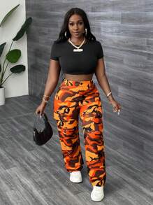 Slaydiva New Streetwear Fashion Camo Print Cargo Pocket Cargo Pants - Orange - View 4