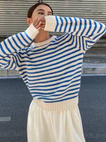 DAZY 女士休闲商务风格圆领针织毛衣，秋季女装 - 藍色 - 查看 5