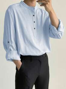 Manfinity Dauomo Áo sơ mi dài tay cài cúc tối giản màu trơn hàng ngày cho nam - Màu xanh nhạt - Xem 4