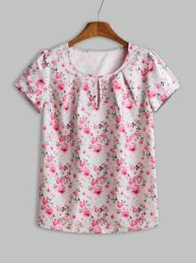 EMERY ROSE Women's Round Neck Floral Print Pleated Summer Blouse,Short Sleeve Tops - Multicolor - View 7