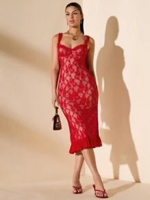 SHEIN BAE Women's Sexy & Elegant Crew Neck Bodycon See-Through Lace Dress