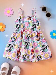 THE POWERPUFF GIRLS X SHEIN 女婴彩色花卉和蝴蝶卡通印花吊带裙，夏季 - 彩色 - 查看 2