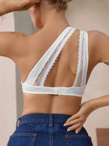 SHEIN Women's Solid Color Contrast Lace One Shoulder Sexy Lingerie Bra - White - View 2