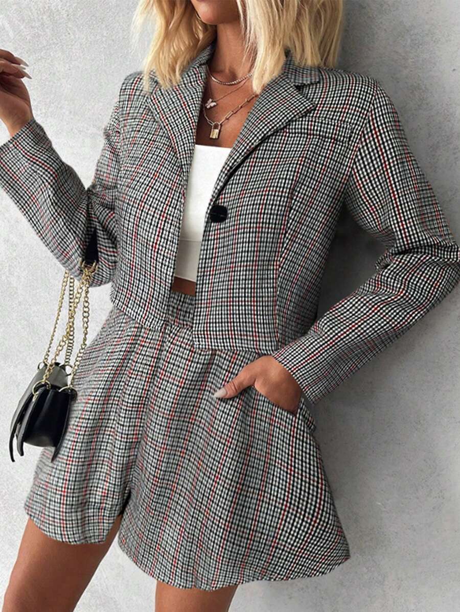 SHEIN LUNE 格紋翻領長袖鈕扣上衣和短褲套裝 - 彩色 - 查看 1