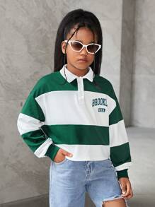 SHEIN NovaGlow Tween Girl Tween Girl Loose Casual Color Block Shirt Collar Letter Print Sweatshirt,In Fall/Winter