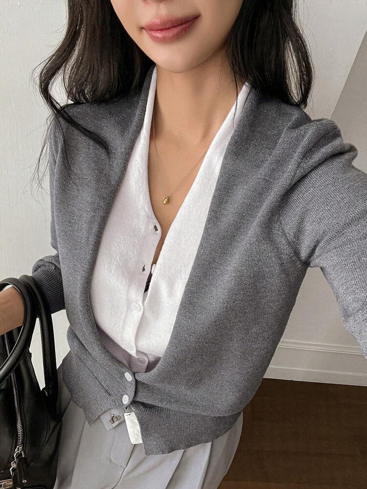 1pc Women's Grey Casual V-Neck Contrast Color Patchwork Long Sleeve Knitted Cardigan,Autumn Business Casual Office Old Money Style Work Clothes Jacket