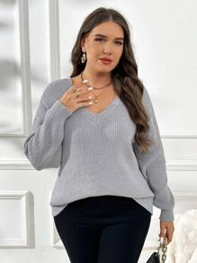 SHEIN Frenchy Plus Size Light Blue V Neck Backless Sweater,Women's Smart Casual Everyday Elegant Long Sleeve Drawstring Hem Pullover Street Sweater Fall/Winter - Grey - View 6